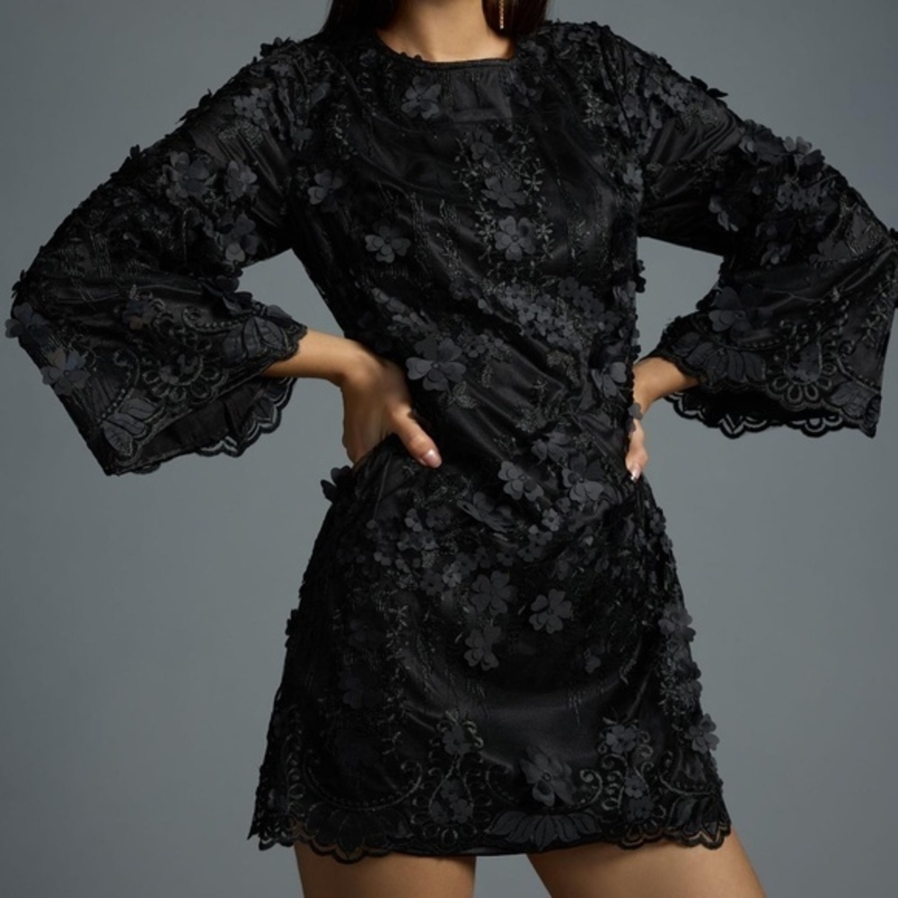 Anthropologie Black Eva Franco 3-D Floral Shift Dress  6